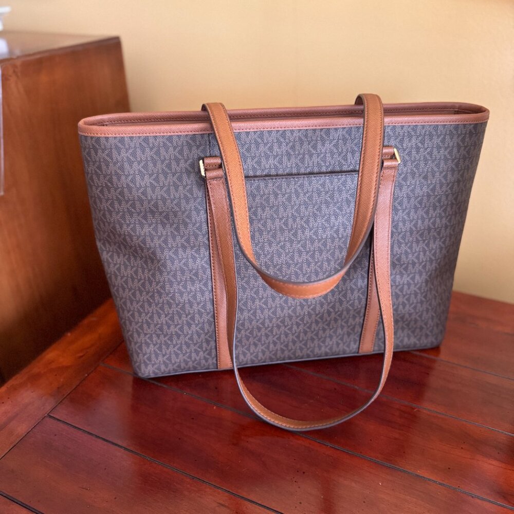 Michael Kors Sady Large Logo Canvas Top-Zip Laptop Travel Tote Brown - Picture 11 of 11